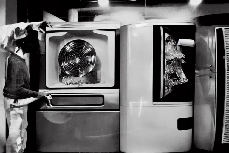 Prompt: a robot opening a fridge filled with water, from 1 9 8 5, bathed in the glow of a crt television, crt screens in background, low - light photograph, in style of chrome hearts