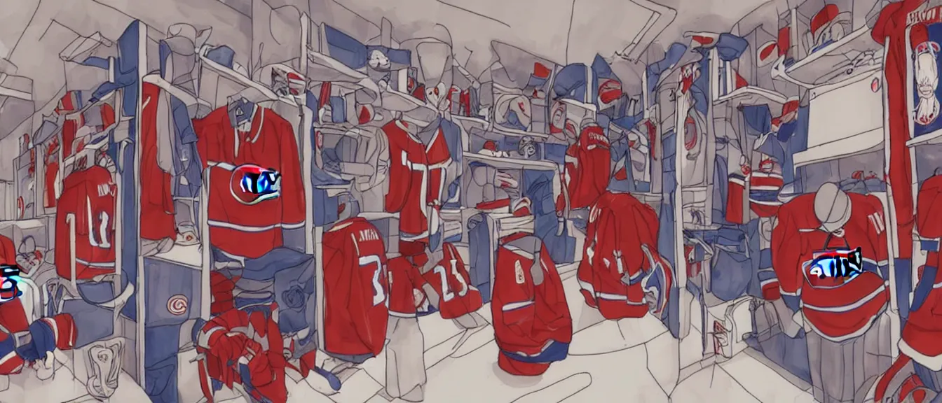 Image similar to montreal canadiens habs centre bell hockey dressing room, style of studio ghibli + moebius + basquiat, cute, detailed,