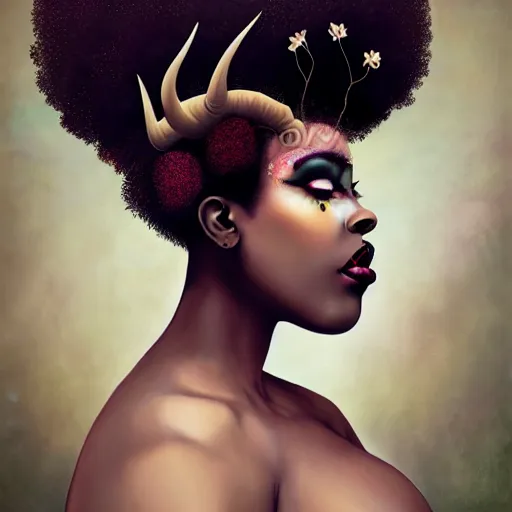 Prompt: portrait of a black woman with an afro ,inspired by Natalie Shau, Anna dittmann, plants growing on the head, horns,cinematic