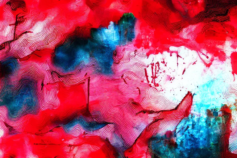 Image similar to abstract experimental painting y 2 k computer graphics red bleeding faded film grain 3 5 mm, trending on artstation, pixel sorting, glitch art, ink blot watercolor charcoal drawing