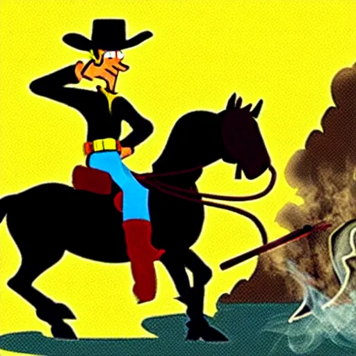 Image similar to lucky luke smoke a cigarette on a horse in a western country