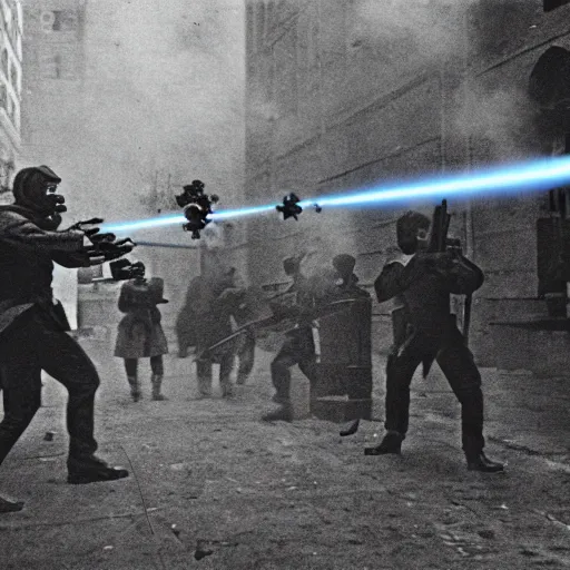 Image similar to grainy 1800s photo of a cybernetic warriors shooting civilians with laser weapons in a smoky city