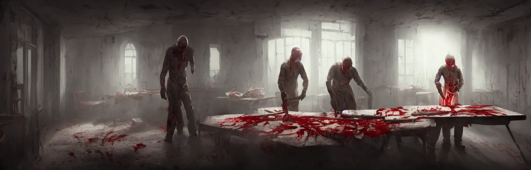 Prompt: a faceless butcher chopping up human bodies on a bloodstained table in a dark scary hunted dilapidated room, dim lighting, petrine crosses on wall, isometric, wide view, cinematic view, ultrarealistic, 8 k, unreal engine, by atey ghailan, artstation