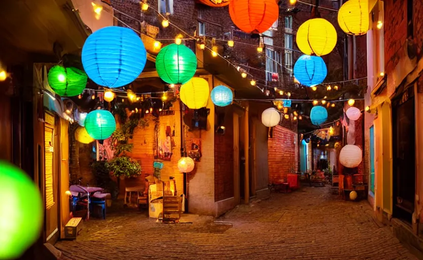 Image similar to mini cafe diorama macro photography, alleyway, ambient, colorful paper lanterns, atmospheric photograph, string lights, romantic