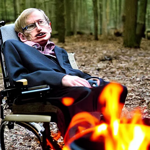 Prompt: stephen hawking next to a campfire, photography,