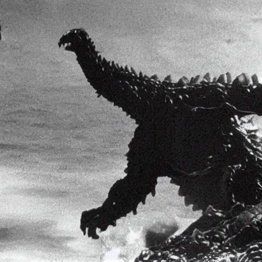 Image similar to a filmstill of Kim Jong-il, monster destroying Pyongyang, in Godzilla (1954) by Ishirō Honda, epic ultrawide shot, cinémascope