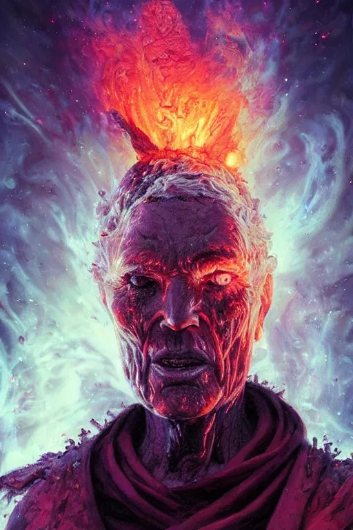 Prompt: the look of an elderly person, necromancer, witch - doctor covered with lava exploding into fire crystals, full of wrinkles and imperfections by artgem and greg rutkowski, highly detailed, high contrast, light reflection, trippy, nebula, trending on artstation