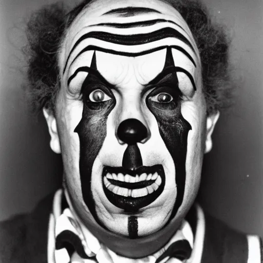 Image similar to portrait of clown by diane arbus, black and white photography