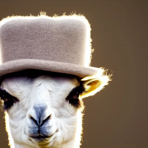 Prompt: professional photography of a llama with a hat, photo session, global light