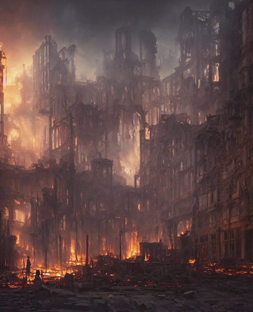 Prompt: concept art of ruins of a victorian city burning down by j. c. leyendecker, wlop, ruins, dramatic, octane render, epic painting, extremely detailed, 8 k