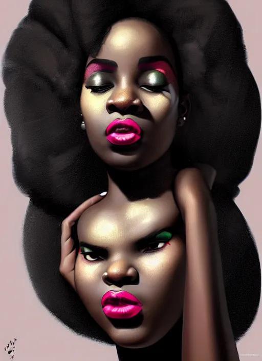 Prompt: portrait of a plump african woman with a crooked nose and a confident expression, 1 9 6 0 s, black clothes, goth, punk, brightly coloured hair, funk, intricate, elegant, highly detailed, digital painting, artstation, concept art, smooth, sharp focus, illustration, art by wlop, mars ravelo and greg rutkowski