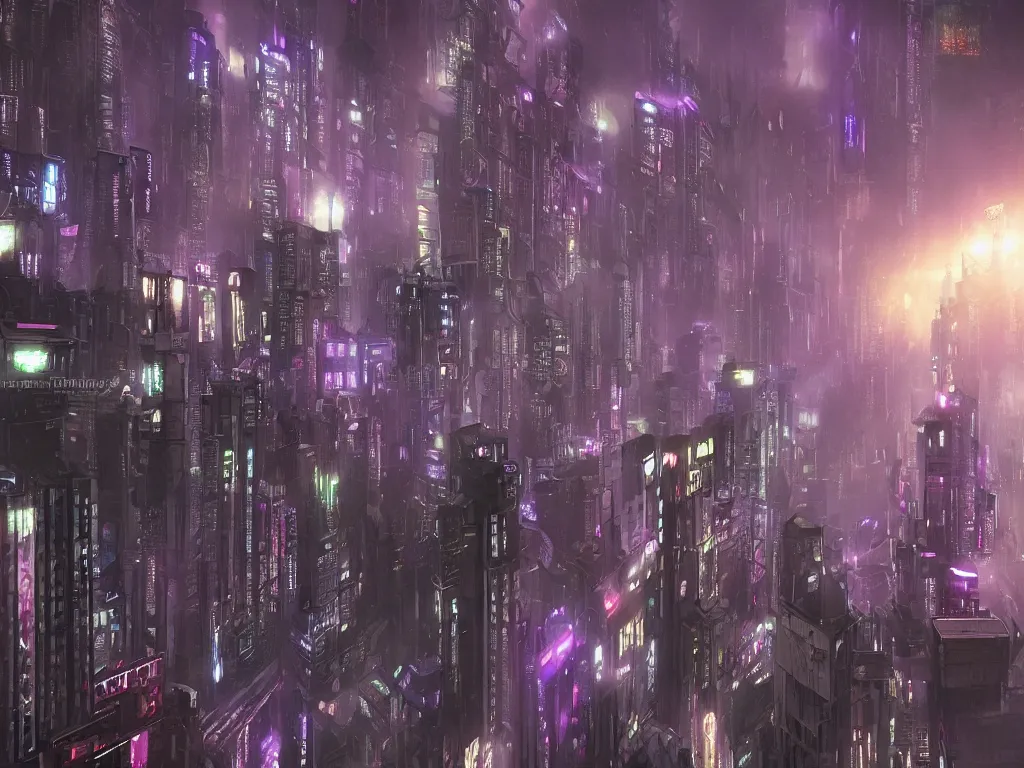 Image similar to blade runner city, high quality, cyberpunk, purple, russian doomer panel houses