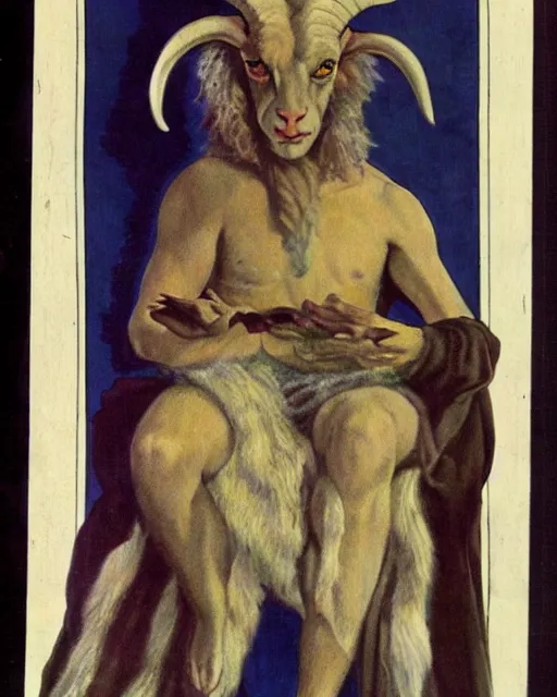 Prompt: aleister crowley as a a satyr goat man, he has long goat ears, multicolored goat fur, goat horns and yellow goat eyes with black horizontal pupils