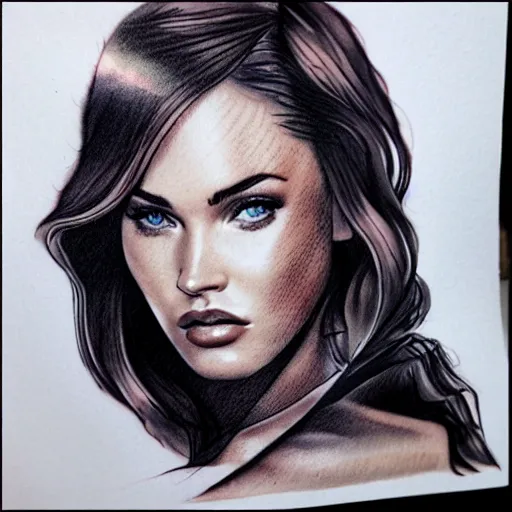 Image similar to realism tattoo sketch of double exposure megan fox with beautiful mountain scenery, in the style of andrey lukovnikov