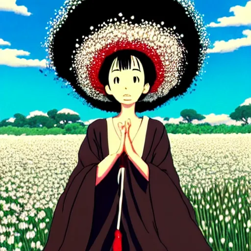 Image similar to beautiful mexican woman, dancing in a tulip and baby's breath field, dark skin, septum piercing and nose ring, prominent cheek bones, black hair and brown eyes, studio ghibli art style, art by hayao miyazaki, makoto shinkai