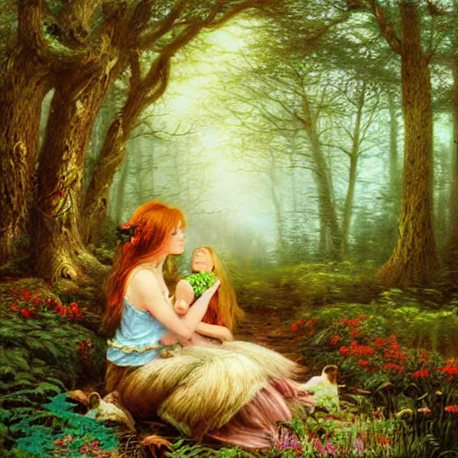 Prompt: forest sensual woman and her daughter eating animal in the forest, digital art, artwork, hihgky detailed face, thomas kindkade, fantasy, intricate