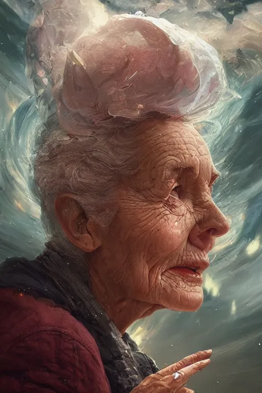 Image similar to the look of an elderly person full of wrinkles and imperfections, tornado by artgem and greg rutkowski, highly detailed, vivid colors, trippy, nebula, trending on artstation