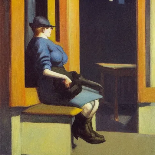 Image similar to cat putting on work boots, edward hopper painting, dark tones