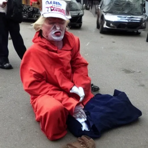 Prompt: donald trump dressed as a homeless man asking for money on the streets