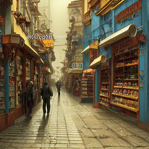 Prompt: A fantasycore of a convenience store with photograph of 2099 portugal lisbon on the street of a very highly detailed logital eldritch city matte painting art by Greg Rutkowski, a 12x(very) much logical detailed Dimensional cyan gold natural light, highly logical detailed by alphonse mucha, a 12x(very) much logical detailed by Eta Cru and James Gurney and Donato Giancola, composition by alphonse mucha