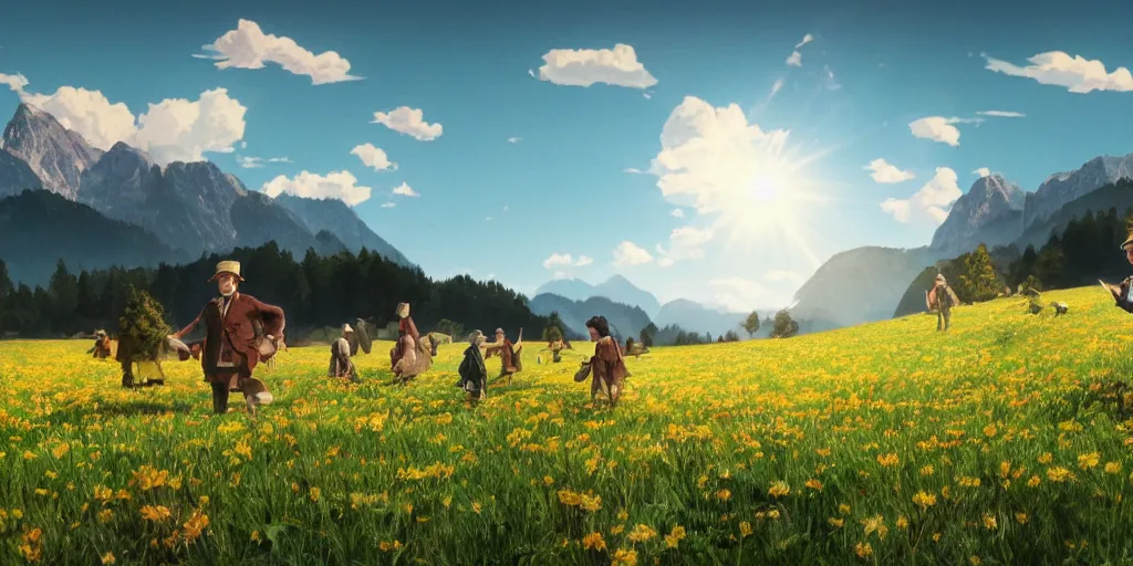 Prompt: a ultra photorealistic and sharp film still of an a sunny and colourful open field in 1 9 1 6 in the middle of the bavarian alps, germany. wide shot, frog perspective, wes anderson, studio ghibli, pixar and disney animation, octane render, anime key art by greg rutkowski, dramatic lighting, award winning photography