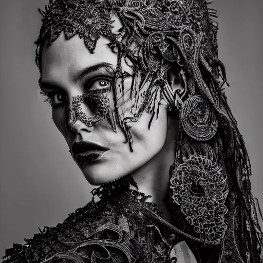 Prompt: a portrait of female model by stefan geselle and nekro borja, photorealistic, biomechanical, intricate details, hyper realistic, big lace colar, dark beauty, photorealistic, canon r 3, photography, wide shot, photography, dark beauty, symmetrical features