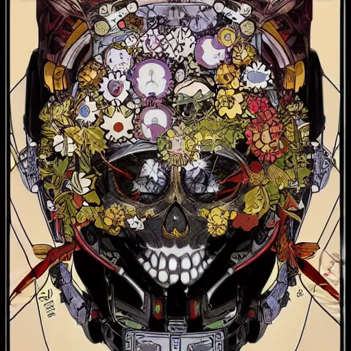 Image similar to anime manga skull portrait robot gundam face illustration style by Alphonse Mucha and Takashi Murakami pop art nouveau