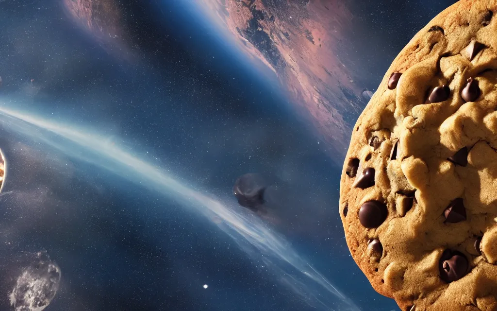 Image similar to A highly detailed 4k render of a gigantic chocolate chip cookie drifting through space towards planet earth, CGSociety, ArtStation, Unreal Engine