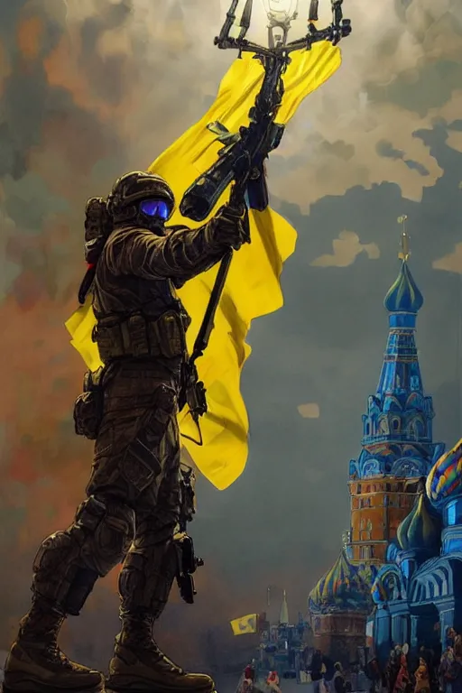 Image similar to special forces soldier raising ukrainian blue and yellow flag on red square kremlin, masculine figure, d & d, fantasy, bright atmosphere, volumetric lights, intricate, elegant, extremely detailed, digital painting, artstation, concept art, matte, smooth, sharp focus, hyper realistic, illustration, art by artgerm and greg rutkowski and alphonse mucha