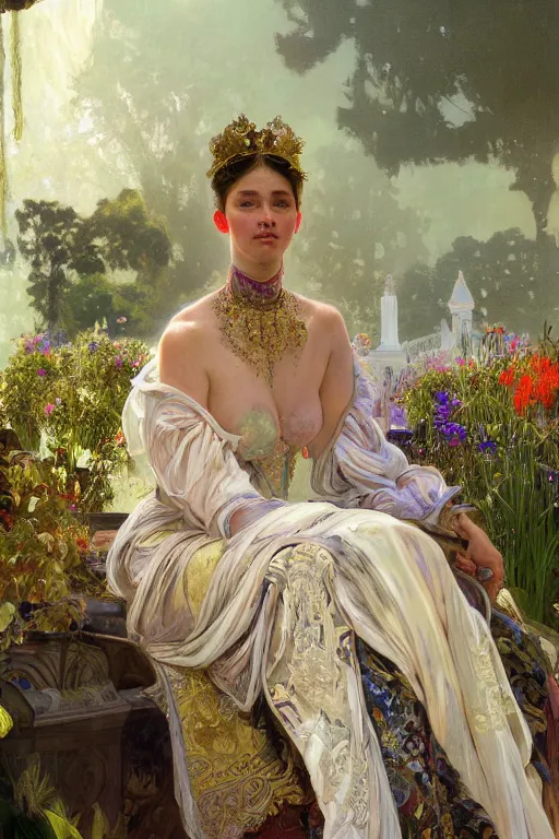 Image similar to hyperrealist portrait of a girl emperorit is decorated with long robes that fall like stars, an ostentatious palace and garden are seen in the background. by jeremy mann and alphonse mucha, fantasy art, photo realistic, dynamic lighting, artstation, poster, volumetric lighting, very detailed faces, 4 k, award winning