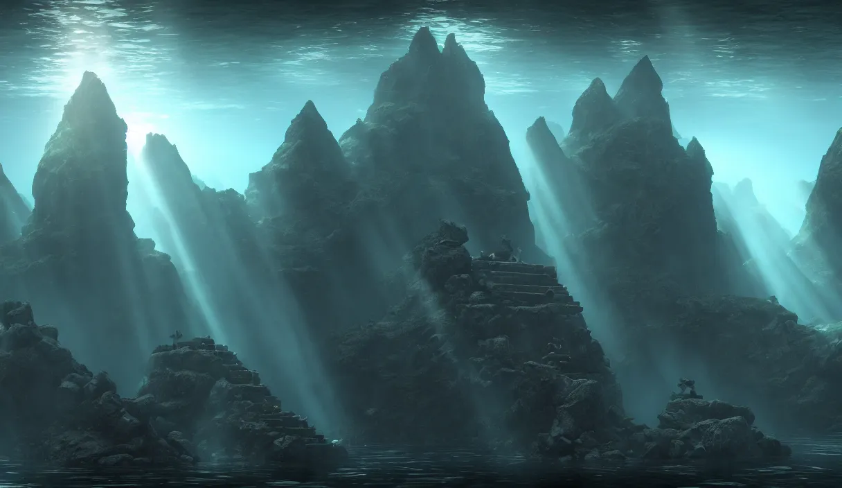 Image similar to low ultrawide shot, dark, underwater statues, submerged pre - incan temple with carvings, abyss, stylized, anime style mixed with fujifilm, detailed gouache paintings, crepuscular rays, dark, murky, foggy, atmospheric, artstation, cgsociety, unreal engine 5, octane render