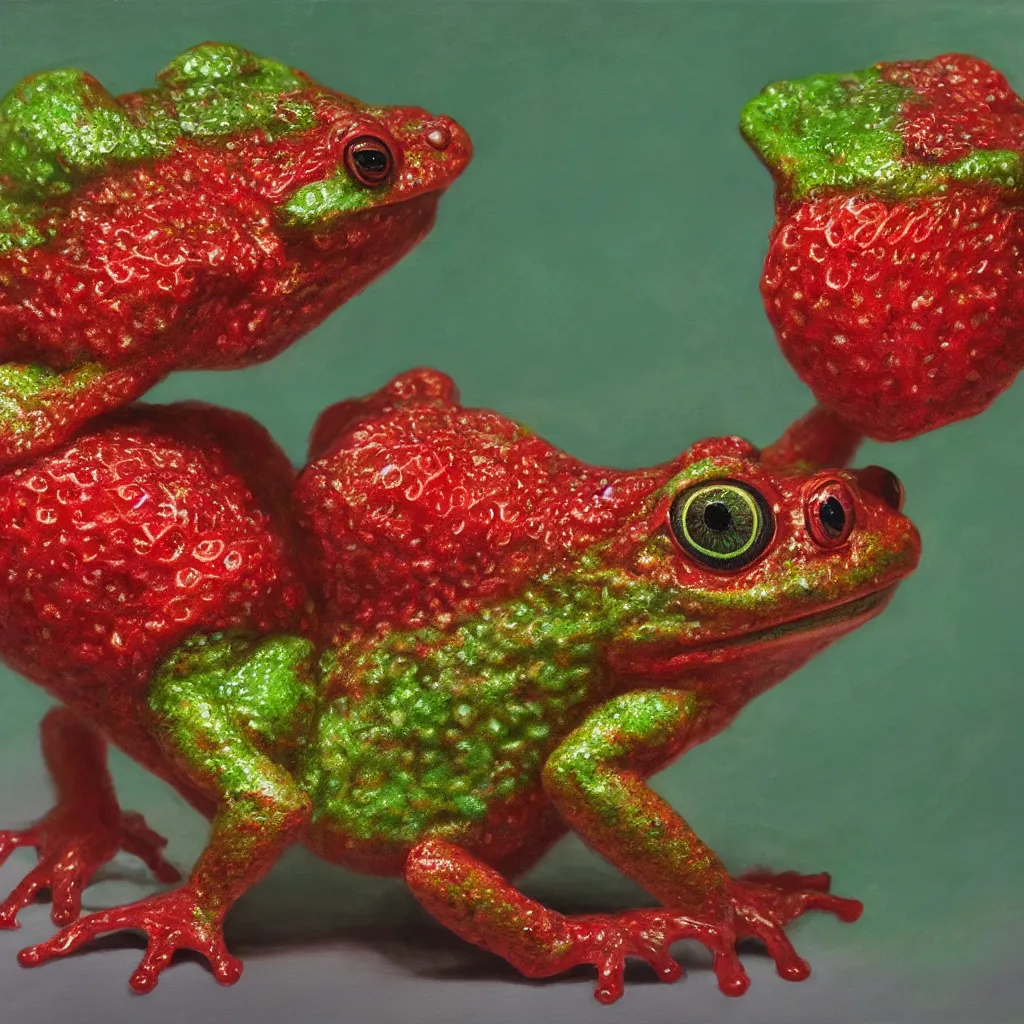 Image similar to hyperrealistic mixed media painting of a strawberry frog chimera, dim volumetric lighting, 8 k octane beautifully detailed render, post - processing, portrait, extremely hyper - detailed, intricate, epic composition, cinematic lighting, masterpiece, trending on artstation, very very detailed, masterpiece, stunning