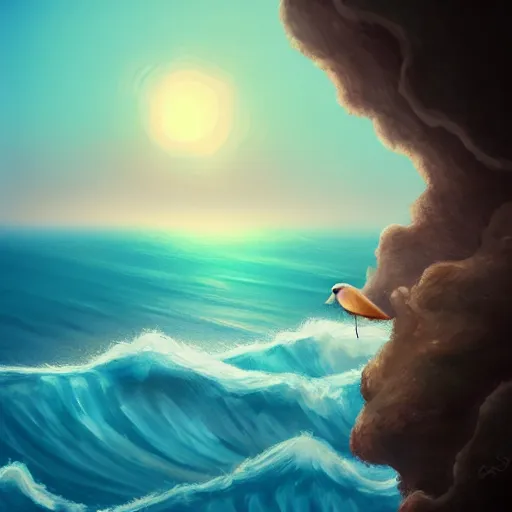 Image similar to ilustration a cute little bird perched on a rock watching the ocean and the waves with their foam, the sky with fluffy clouds and makes a warm light, sharp focus, highly detailed, artstation