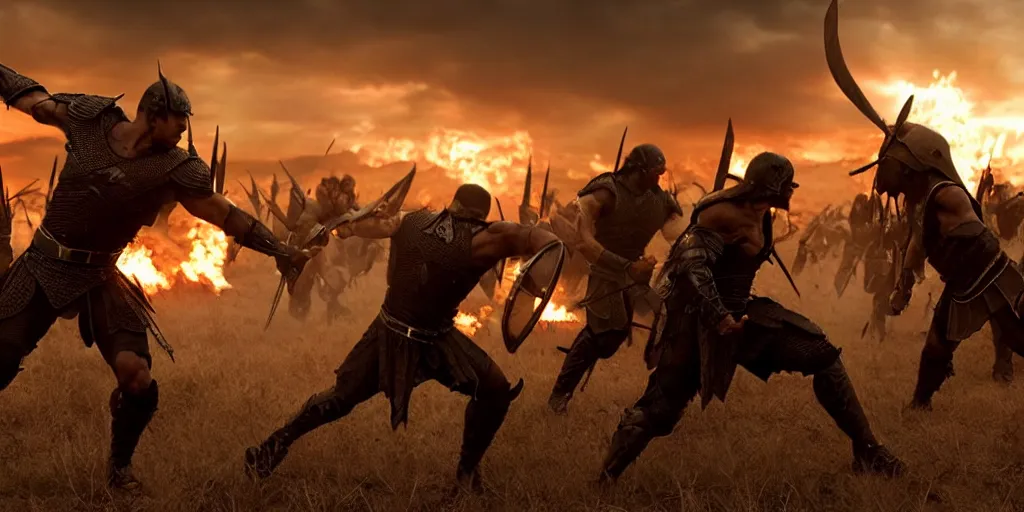 Image similar to epic battle screen of hero, film still from the movie'3 0 0'( 2 0 0 6 ), 3 d, 8 k realistic, cryengine, playstion 5 screen, cinematic lighting