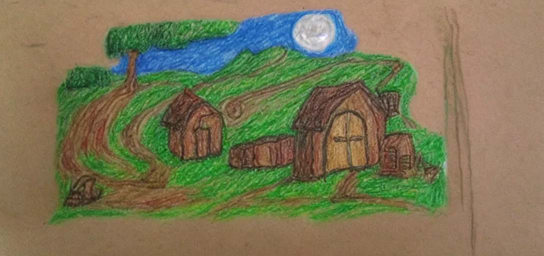 Image similar to The Shire poorly drawn in wax crayon by a five-year old