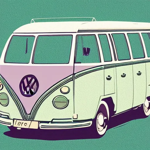 Image similar to illustration of an old van volkswagen, may 6 8, pastel colors, cool, hippie by victo ngai