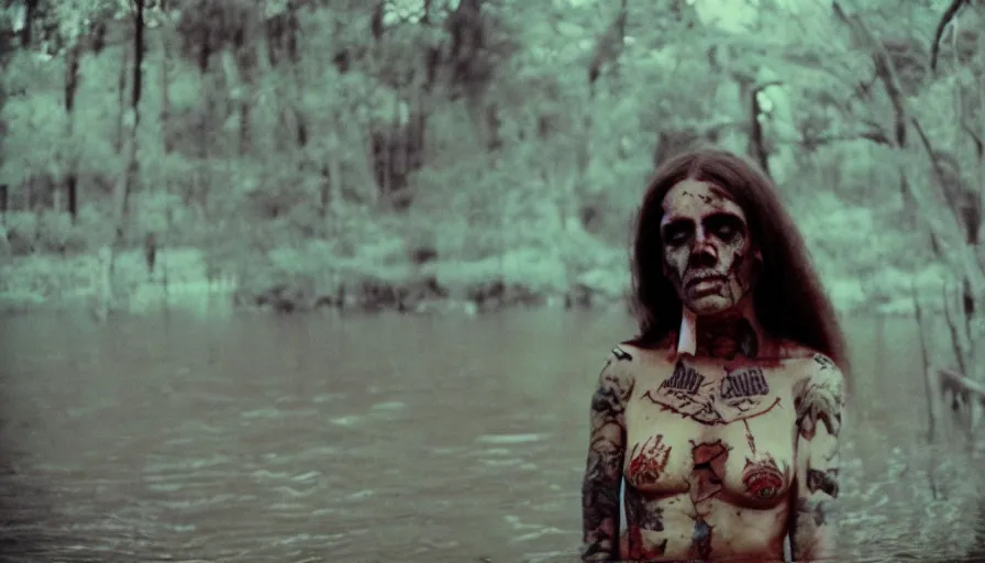 Image similar to 7 0 s film still from a horror movie about the bayou and tattoos, kodachrome, cinecolor, cinestill, film grain, film texture, retro, cinematic, high resolution, photorealism,