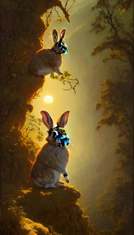 Image similar to rabbit looking off of a cliff, sun setting behind rabbit, lush forest in valley below, painted by tom bagshaw, james gurney, gaston bussiere, craig mullins, j. c. leyendecker 8 k