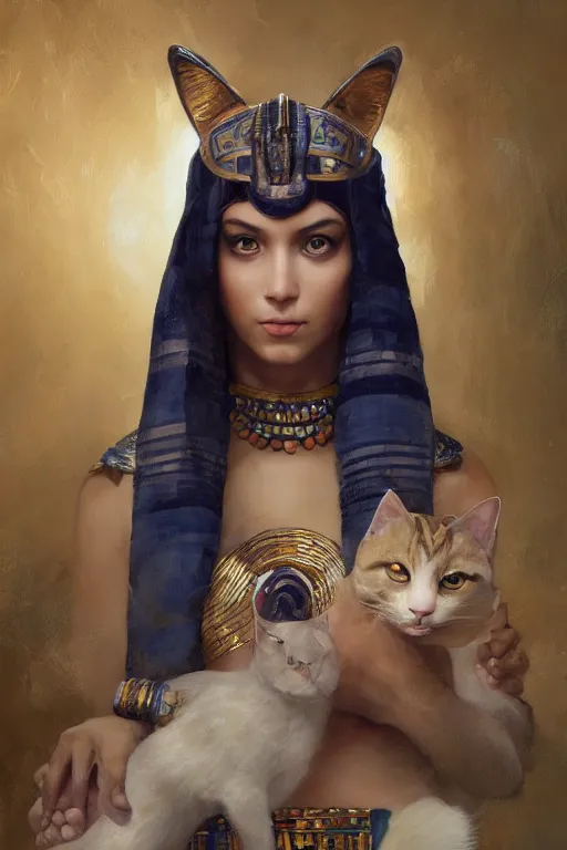 Image similar to portrait of the beautiful egyptian goddess, bastet, bast, woman / cat hybrid, soft torchlight in an egyptian tomb, digital art by ruan jia and mandy jurgens and artgerm and william - adolphe bouguereau, highly detailed, trending on artstation, award winning,