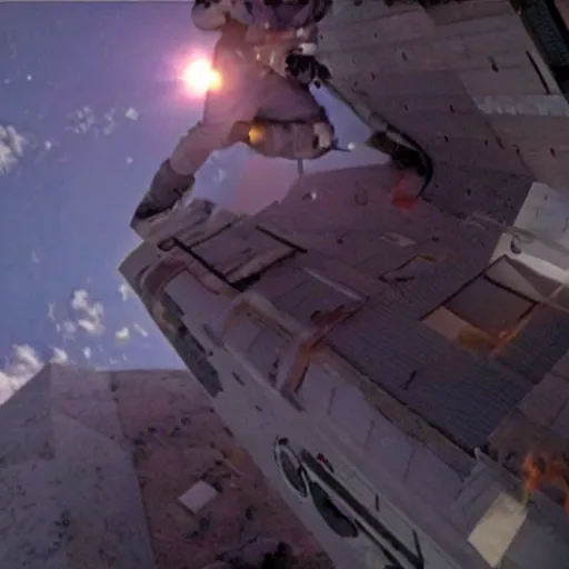 Prompt: of a huge! astronaut! climbing! up a building! (((like king kong))), still from the movie astronaut attack