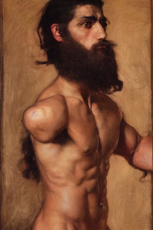 Image similar to muscular greek king, orientalist intricate portrait by john william waterhouse and edwin longsden long and theodore ralli and nasreddine dinet, hyper realism, dramatic lighting