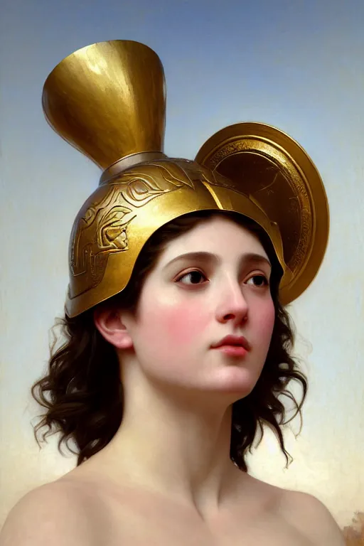 Image similar to soft light portrait of the beautiful chonky greek goddess, athena, wearing a corinthian helmet. wrapped in swirls in the air, soft light, digital art by ruan jia and mandy jurgens and artgerm and william - adolphe bouguereau, by jean - leon gerome, highly detailed, trending on artstation, award winning,