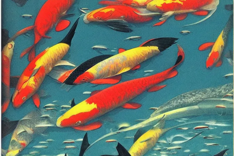 Image similar to 1 9 7 9 omni magazine cover of a pelican case full of koi fish. art in cyberpunk style by vincent di fate