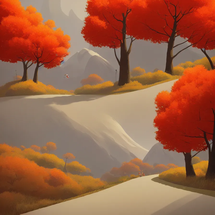 Prompt: goro fujita ilustration distant view of a mountain which is surrounded by a road up the slope. by the roadside are tall autumn trees, painting by goro fujita, sharp focus, highly detailed, artstation