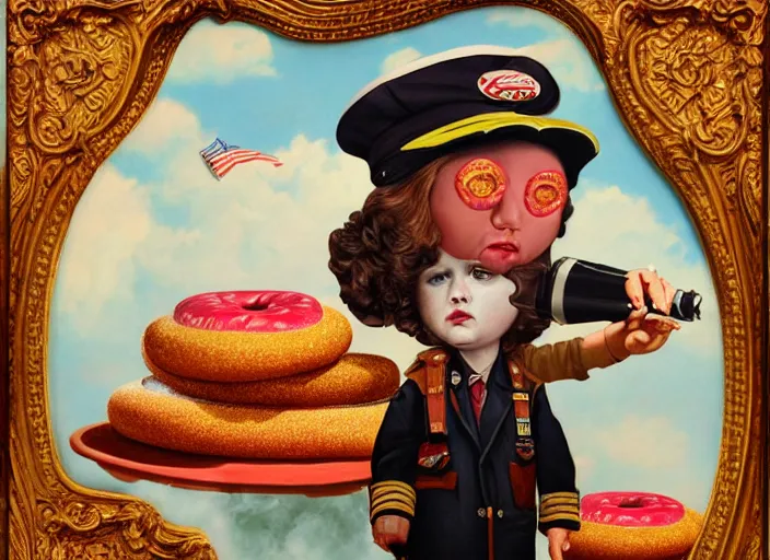 Image similar to american captain made of donuts, lowbrow, matte painting, 3 - d highly detailed, in the style of mark ryden,