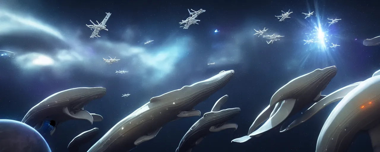 Image similar to highly detailed cinematic scifi render of flying whales over the skies of tuscany, starry night, planets, hyper detailed, digital art, trending in artstation, cinematic lighting, studio quality, smooth render, unreal engine 5 rendered, octane rendered, art style by klimt and nixeu and ian sprigger and wlop and krenz cushart, artstation unreal.