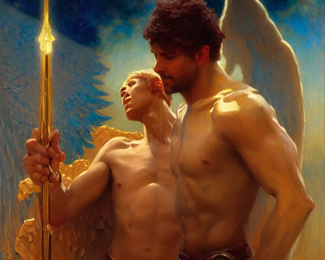 Image similar to attractive angel male deity, casting magic, summoning handsome lucifer morning star. highly detailed painting by gaston bussiere, craig mullins, j. c. leyendecker 8 k