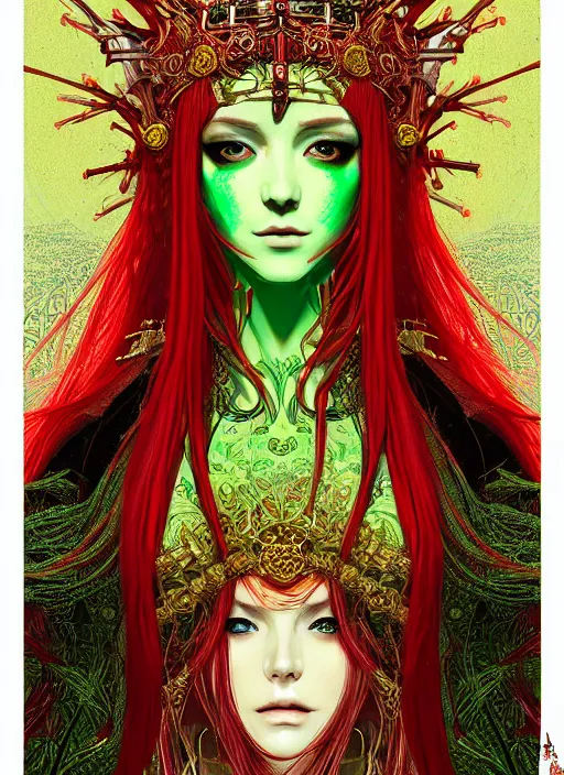 Image similar to a painting of a beautiful cyberpunk elven queen with long red hair, wearing green, red and gold ornate dress, golden intricate crown. detailed symmetrical full body portrait, intricate complexity, concept art, by takato yamamoto, makoto shinkai. cinematic dramatic atmosphere, sharp focus