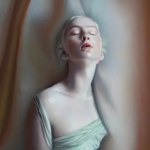 Prompt: liquid marble acrylic paint from victorian era of beautiful model face sleeping in white velvet curtains, god rays, magic hour, surreal