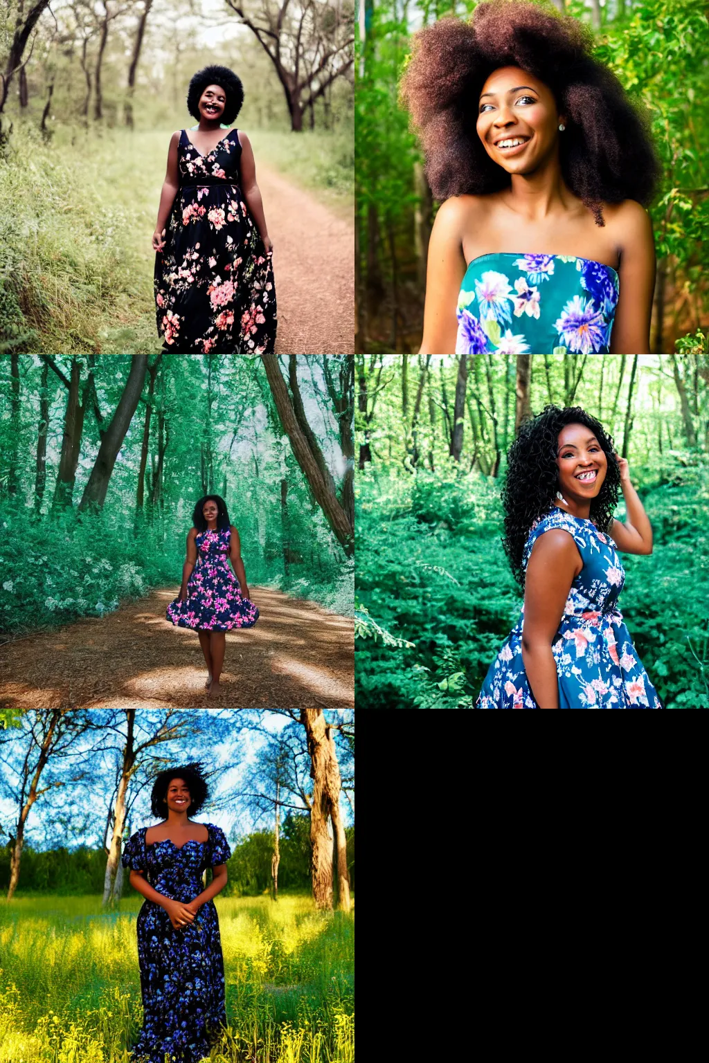 Prompt: a beautiful black woman in a flowy flowery dress standing in front of a gorgeous blue forest with a green sky, smiling, 50mm